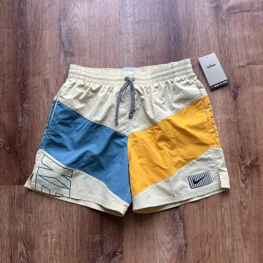 NIKE Multi Logo Vortex Icon Team Gold Volley Swim Trunks 5 Inch Men's Small $66